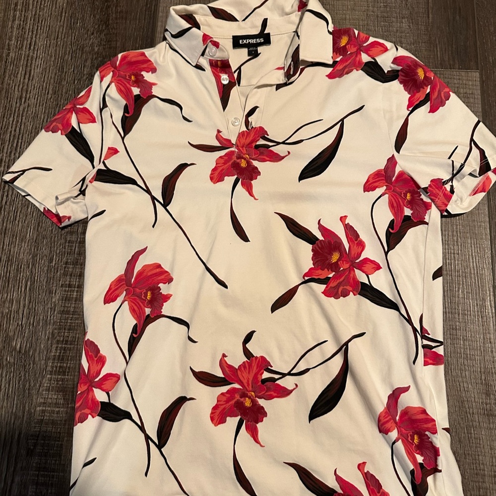 Express Men's White Floral Button Down Polo